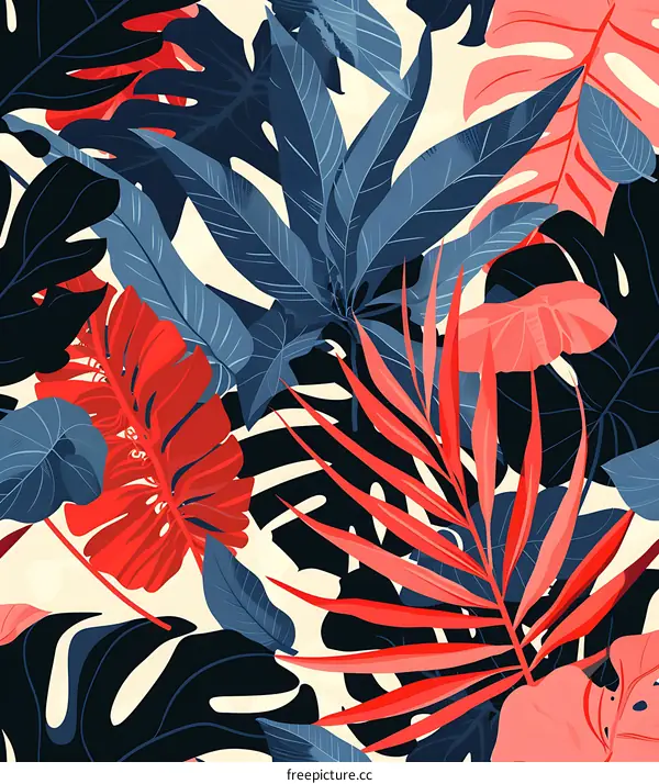 Tropical Leaves Seamless Pattern with Blue and Red Colors