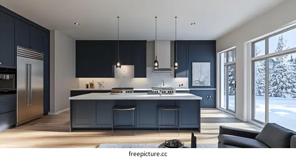 Modern Kitchen Design with White Marble Countertops and Blue Cabinets