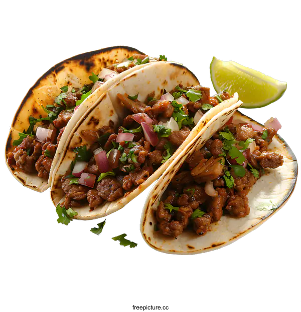 [Transparent Background PNG]Three delicious tacos with meat, onion and cilantro on a white background