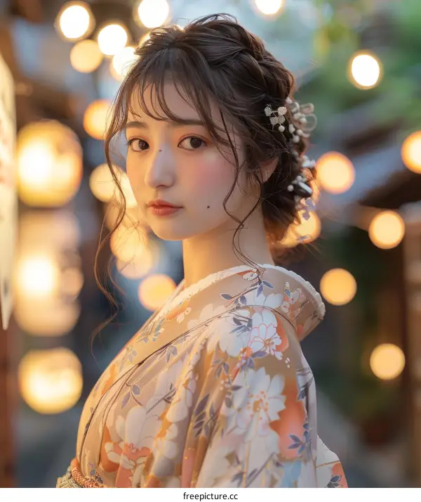 Japanese Woman in Traditional Kimono with Bokeh Background