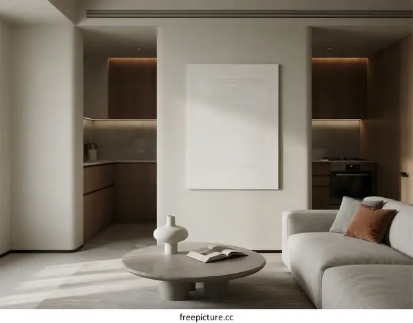 Minimalist living room with neutral tones and modern furniture