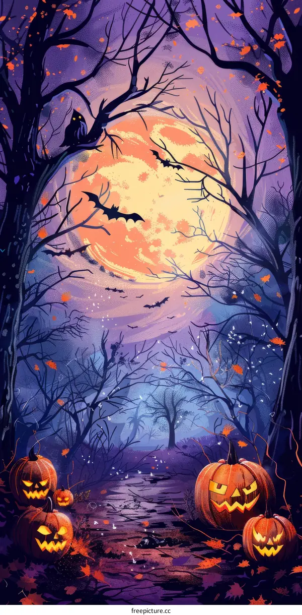 A spooky forest with a full moon and jack-o'-lanterns