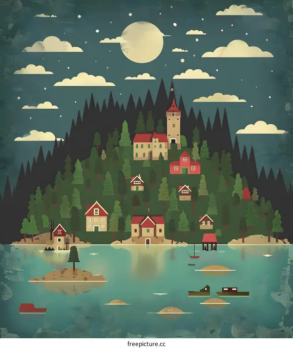 Nighttime Village Illustration with Moon and Stars