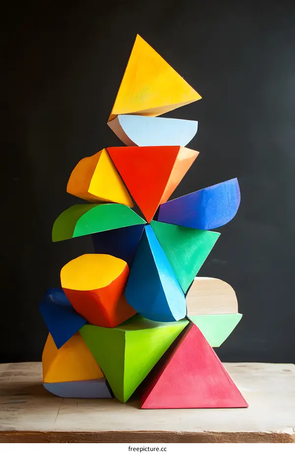 Colorful Wooden Geometric Shapes Stacked On A Table