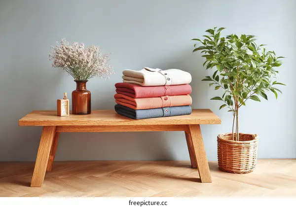 Stacked Clothes Display on Wooden Bench