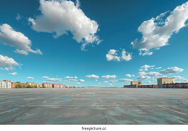 Empty Parking Lot on a Sunny Day with Puffy White Clouds