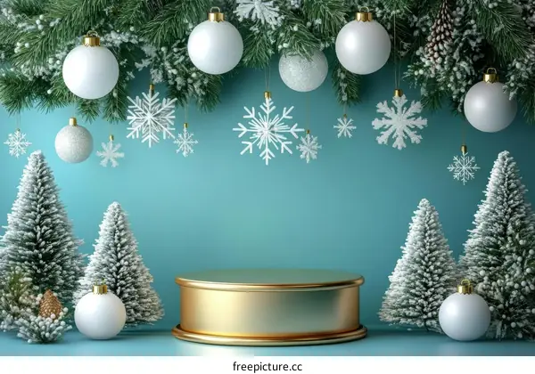 Christmas Scene with Snowy Christmas Trees and Decorations