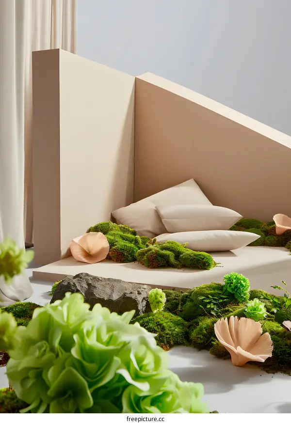Minimalist Beige and Green Still Life Photography with Pillows and Moss