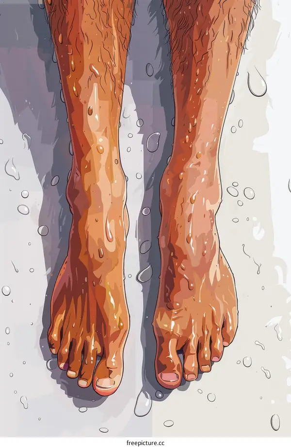 Illustration of a pair of hairy male feet with water droplets on the skin
