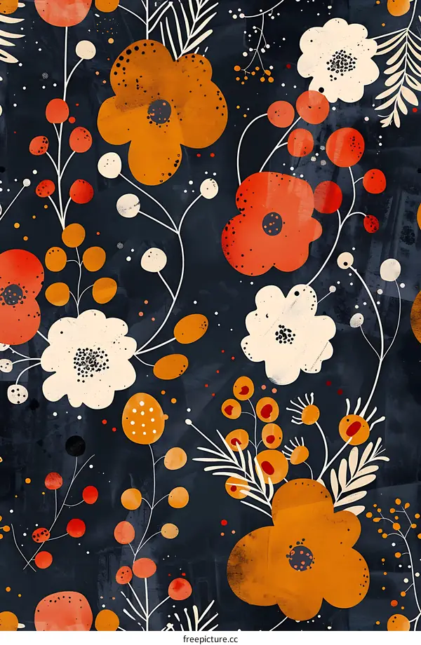 Abstract Floral Pattern With Orange White And Red Flowers On Dark Background