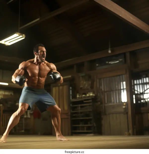 A man with no shirt and blue shorts is throwing a punch