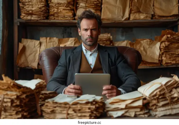 Confident male researcher surrounded by piles of old books and documents in the library