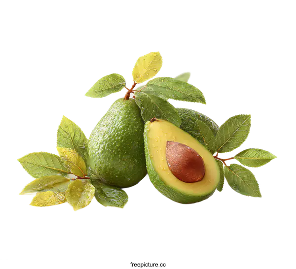 [Transparent Background PNG]Fresh Avocado with Leaves