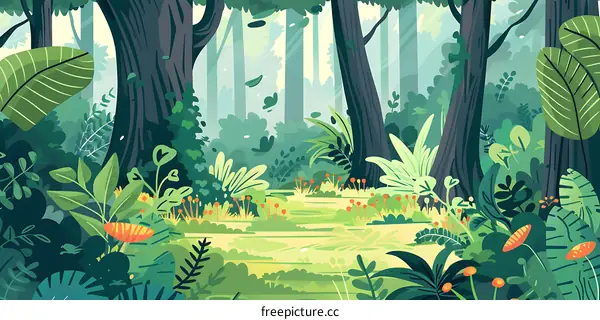 Green Forest Illustration With Lush Foliage and Sunlight