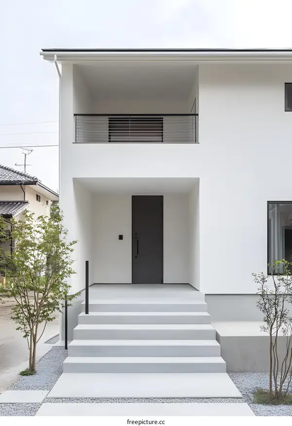 Modern White House with Concrete Steps and Balcony