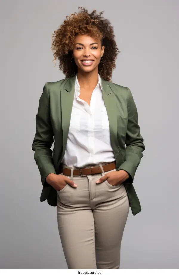 A young woman with curly hair wearing a green blazer and white blouse smiles at the camera