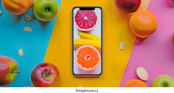 Fresh Fruit and Smartphone on a Colorful Background
