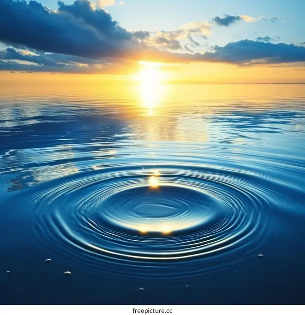 Sunset over calm water with a single droplet creating ripples
