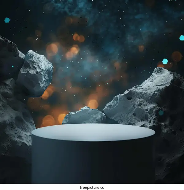 3D rendering of a podium with floating rocks in the background