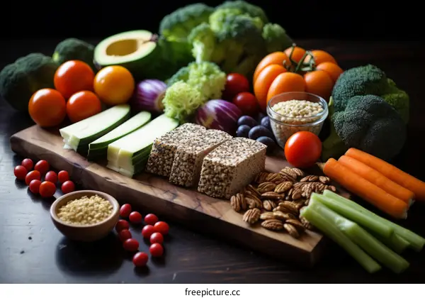 A variety of vegetables and fruits are arranged on a wooden table.