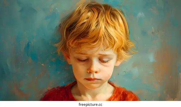 Portrait of a Young Boy with Red Hair Looking Down