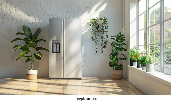 A modern kitchen with a large fridge and lots of plants