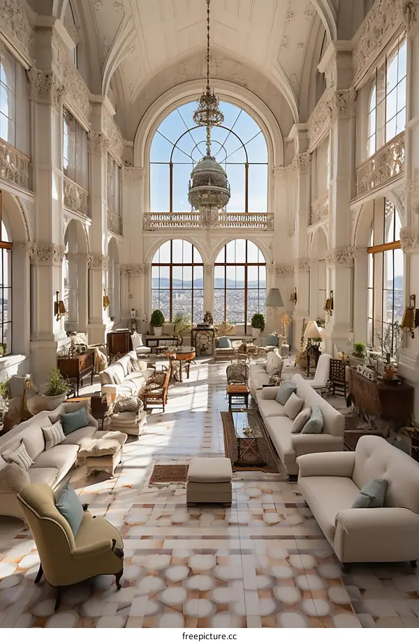 Elegant living room with high ceiling and large windows