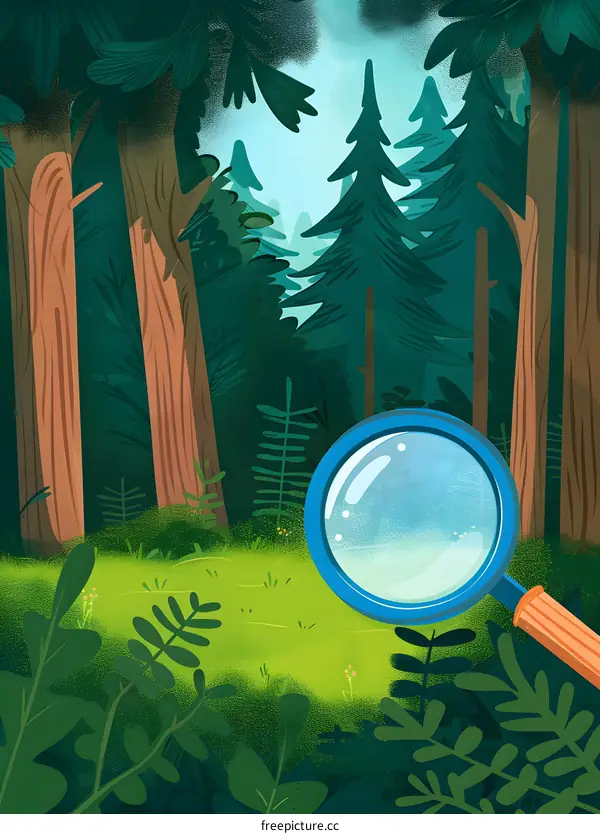 Magnifying Glass In Forest Illustration