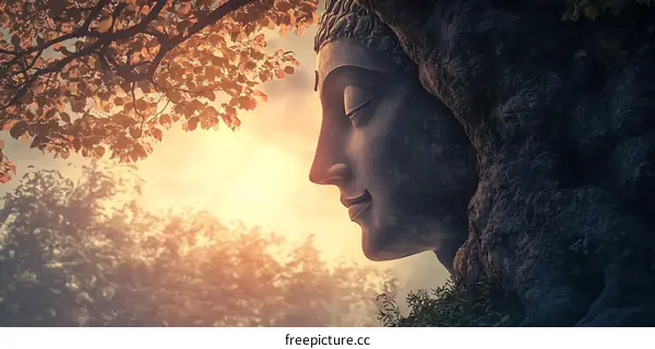 Buddha Statue Carved in Rock with Autumn Tree Leaves