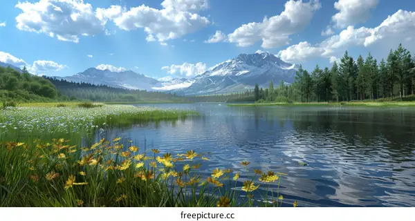 Scenic Mountain Lake with Vibrant Flowers