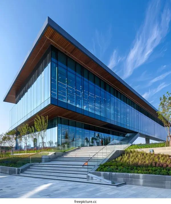 Modern glass office building with green landscape
