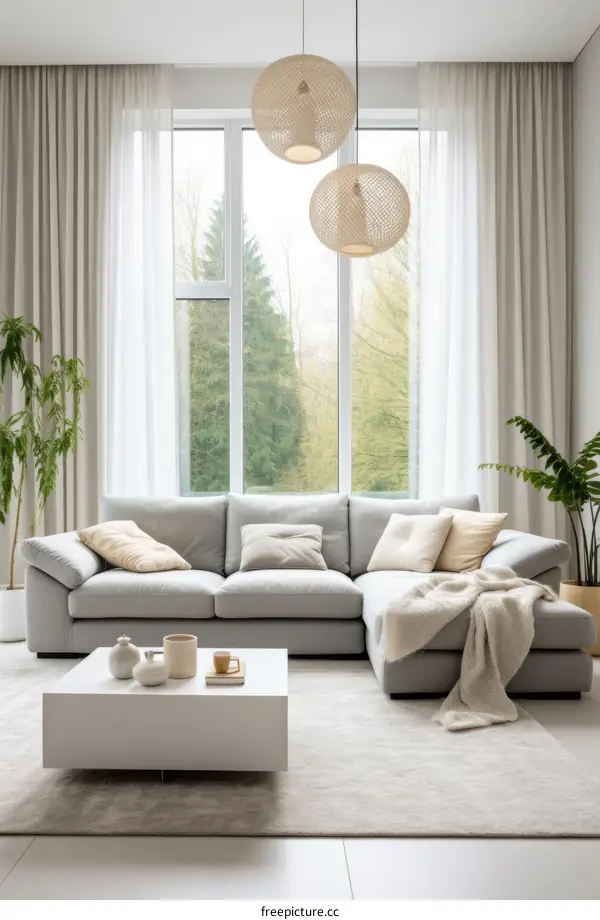 Modern living room interior with large windows and comfortable sofa