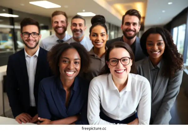 Group of smiling business professionals in a modern office