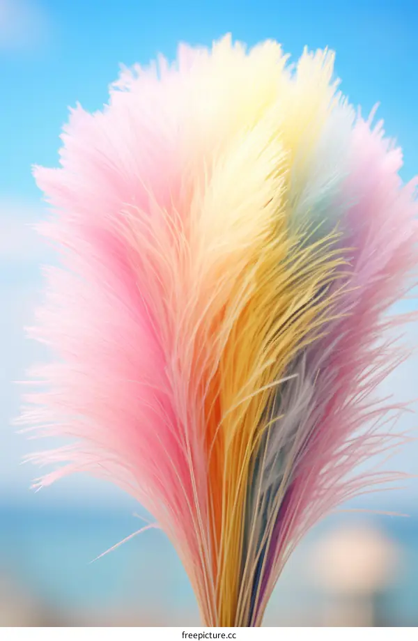 Colorful fluffy feathers against the blue sky
