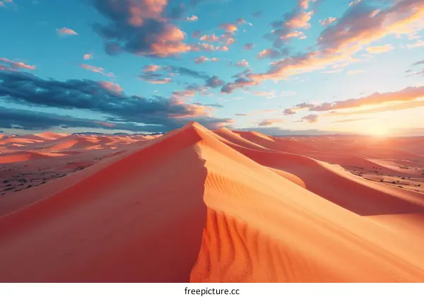 A vast expanse of sand dunes under a setting sun