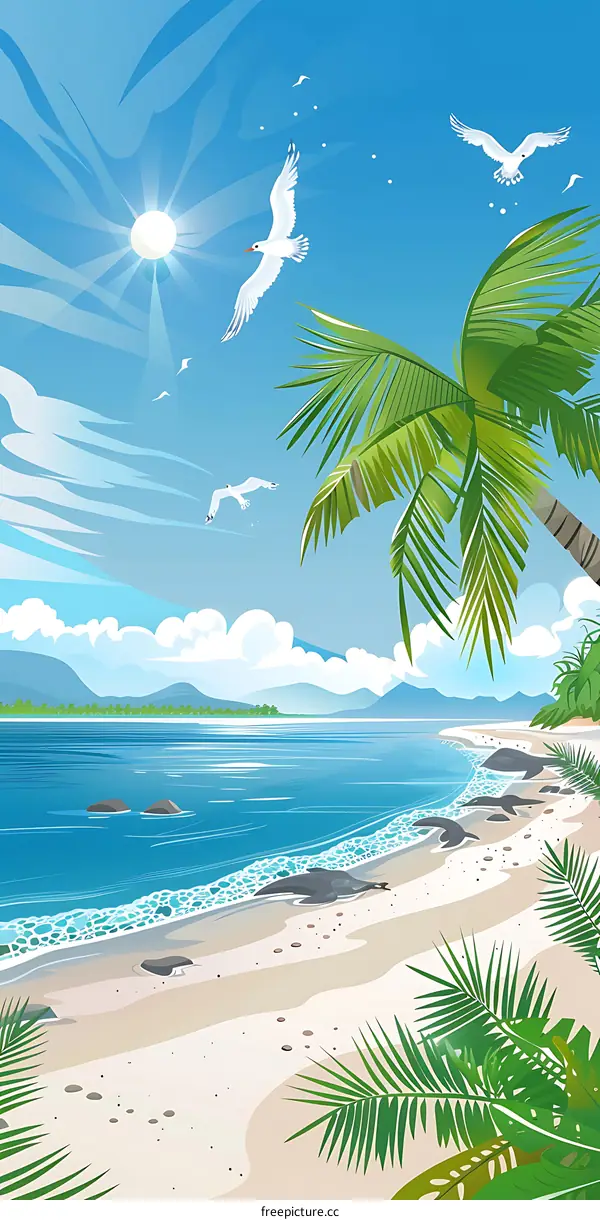 Tropical Beach Scene With Palm Trees and Seagulls