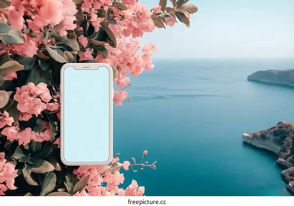 Smartphone Mockup With Pink Flowers Against a Blue Ocean Background