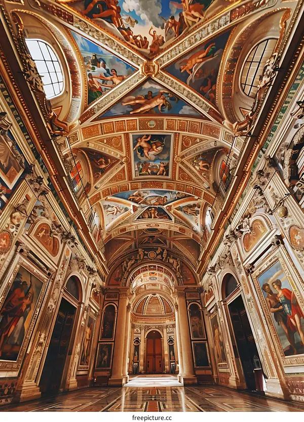 Ornate Ceiling and Frescoed Walls of a Historical Church in Italy