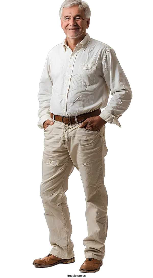 [Transparent Background PNG]Portrait of a Smiling Senior Man Standing with Hands in Pockets
