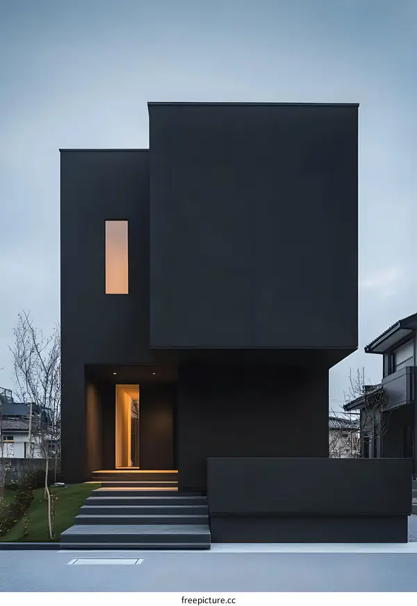 Modern Minimalist Black House Exterior with Window and Steps