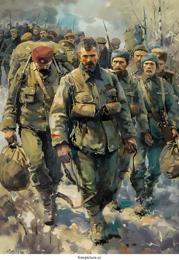 A group of soldiers marching in the snow