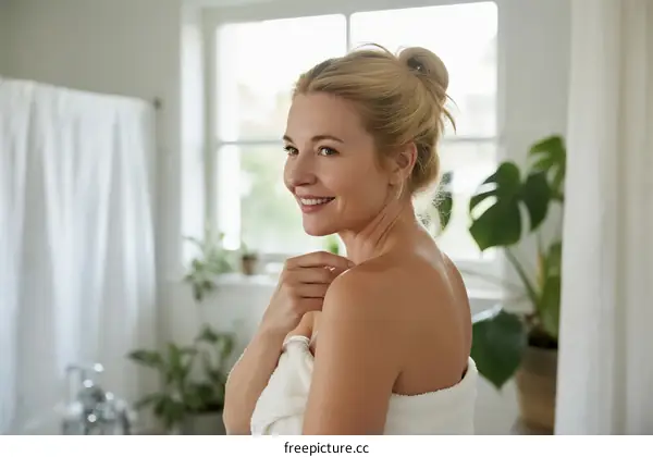 Smiling middle-aged woman wrapped in white towel in bathroom