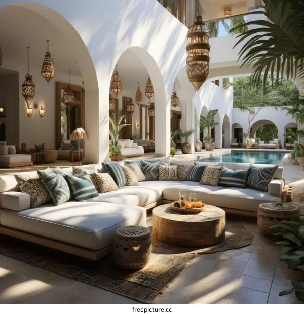 A luxurious living room with a swimming pool and a seating area