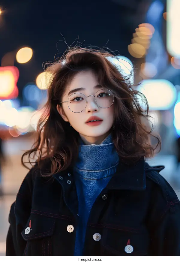 Asian Woman Wearing Glasses in City at Night