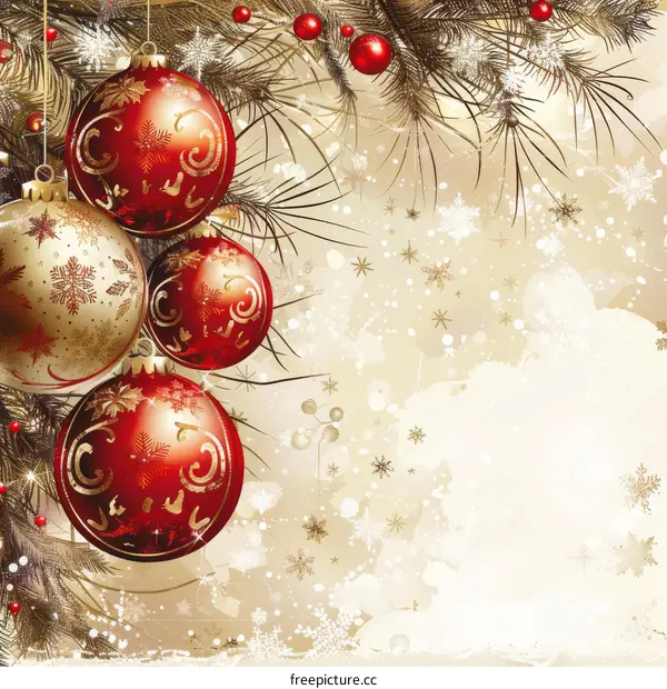 Christmas background with hanging red and gold ornaments