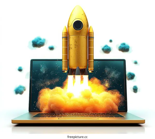 Golden Rocket Launching from a Laptop