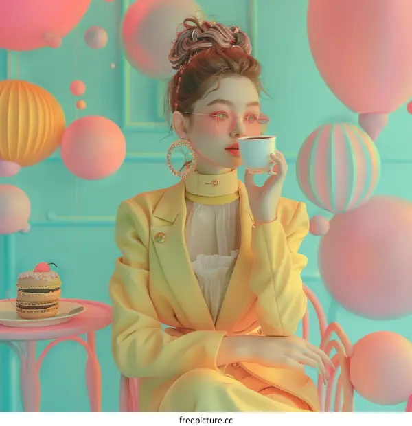 Woman Enjoying Coffee in a Dreamlike Cafe