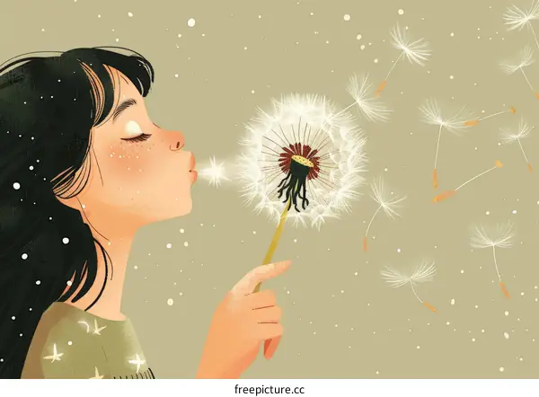 Girl Blowing Dandelion Wishes Illustration