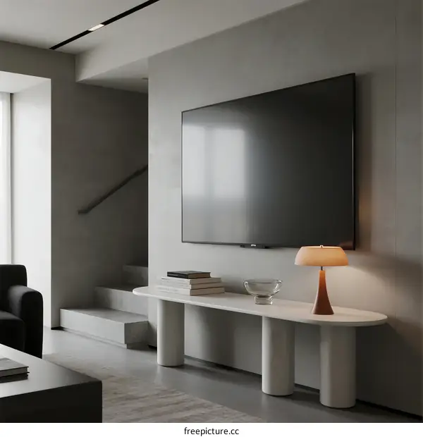 Modern living room with large flat screen TV and minimal decor