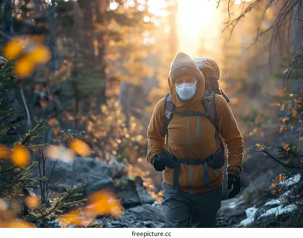 Man hiking in the woods wearing a mask